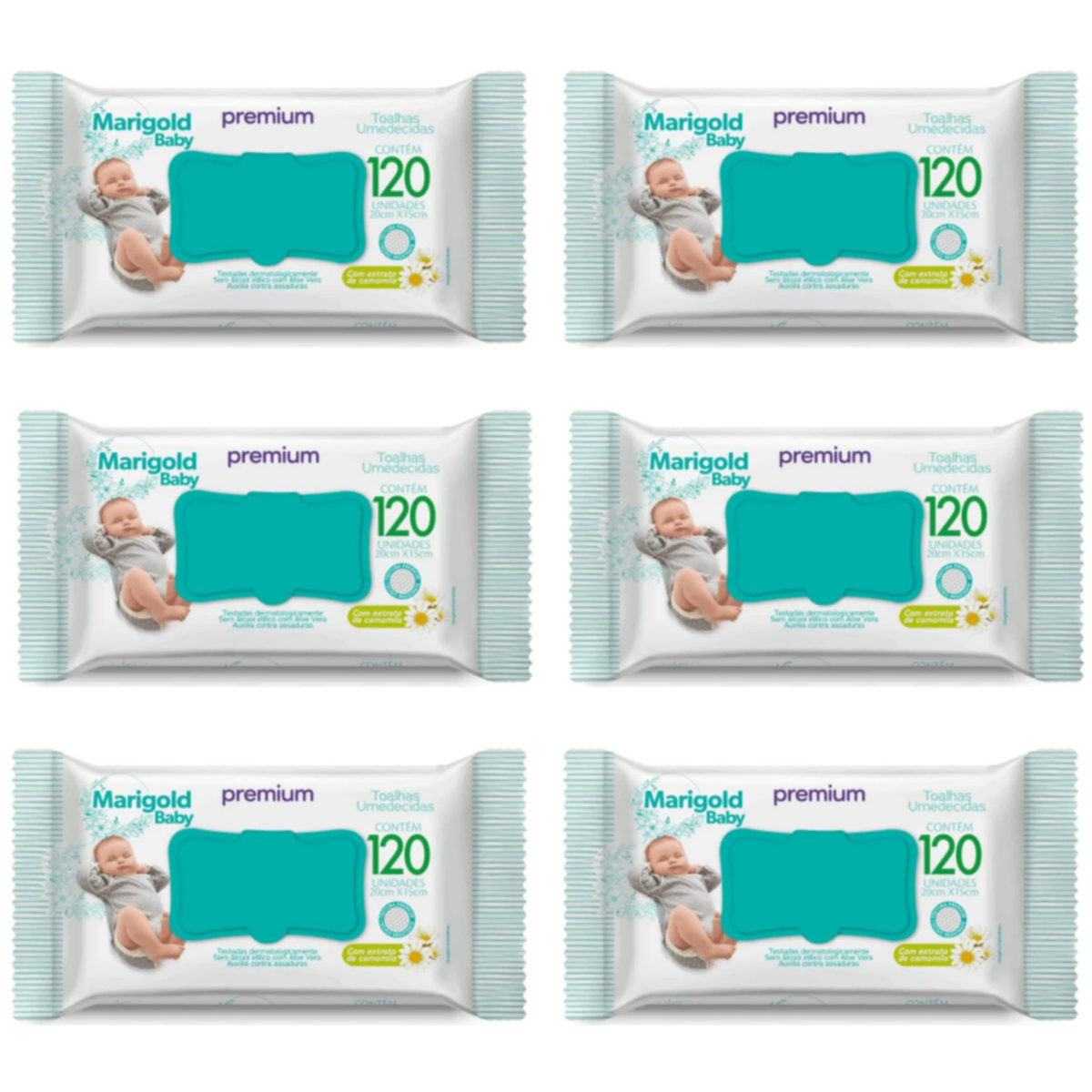 Kit 720 Toalhas Umedecidas Marigold Baby Camomila 6 Pacotes De Lenço Premium Com 120 Cada