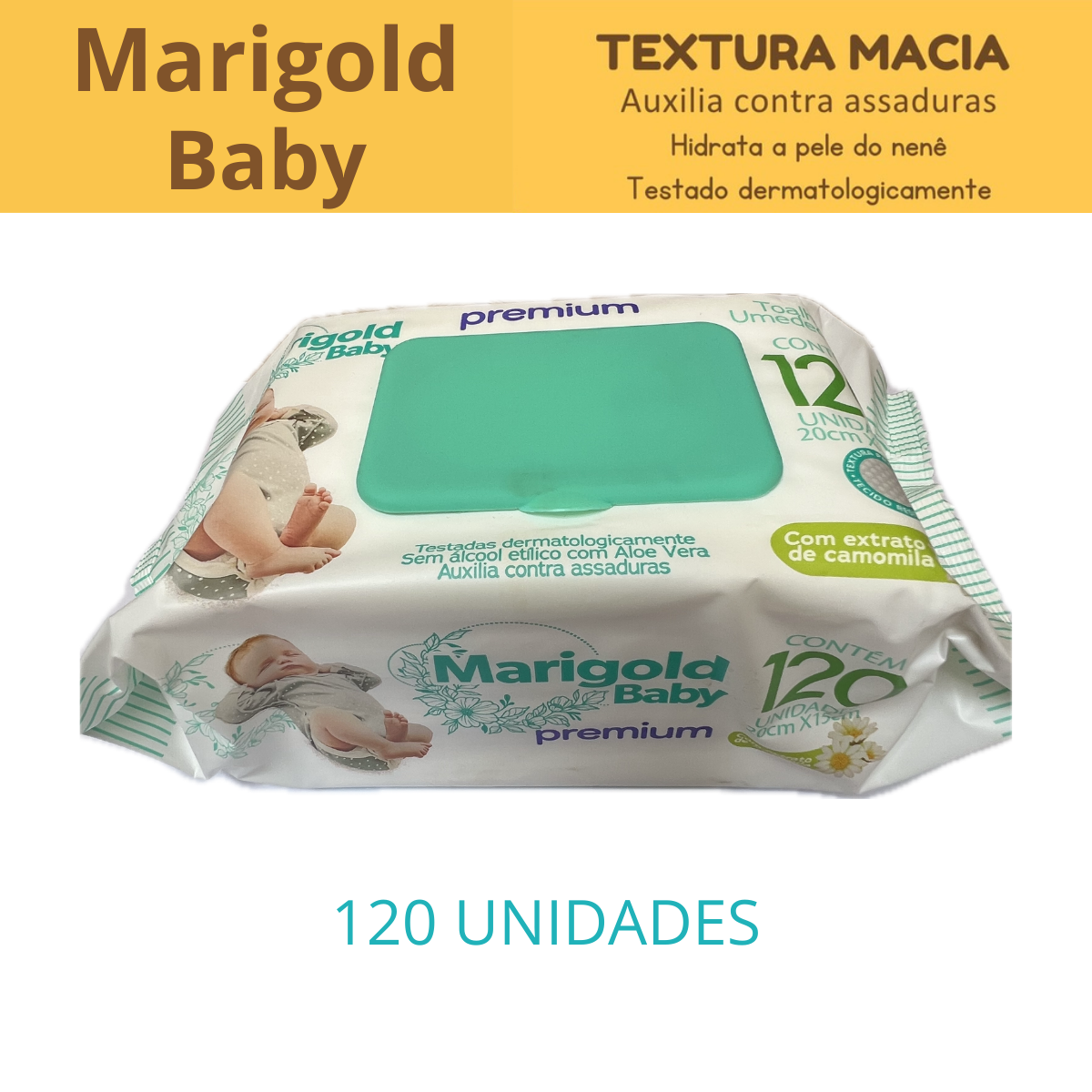Kit 720 Toalhas Umedecidas Marigold Baby Camomila 6 Pacotes De Lenço Premium Com 120 Cada