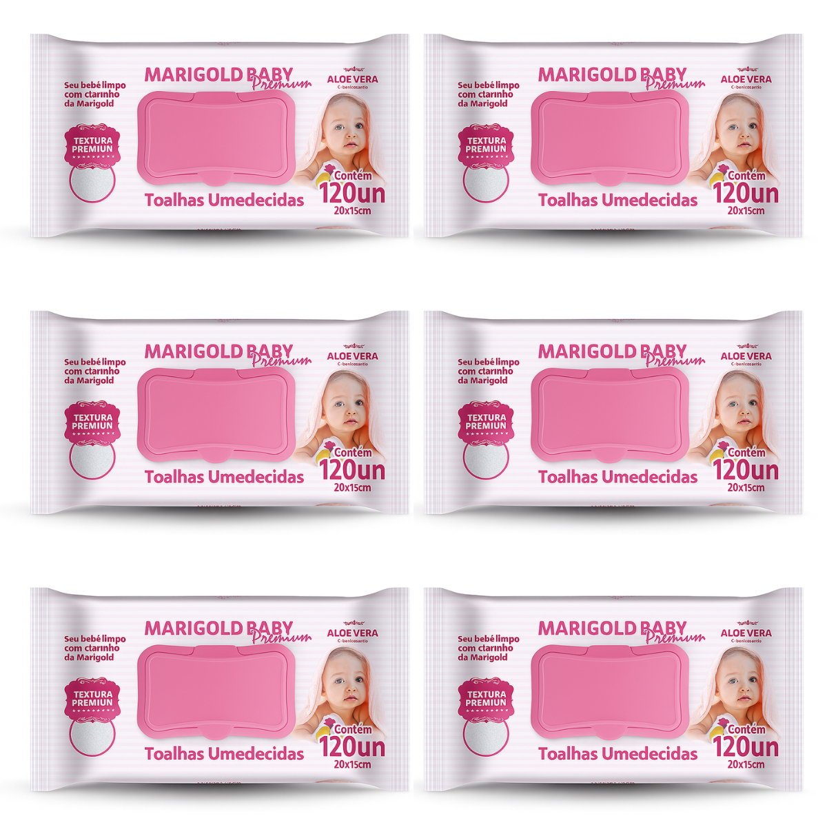 Kit 6 Pacotes Lenços Umedecidos Marigold Baby Rosa 720un