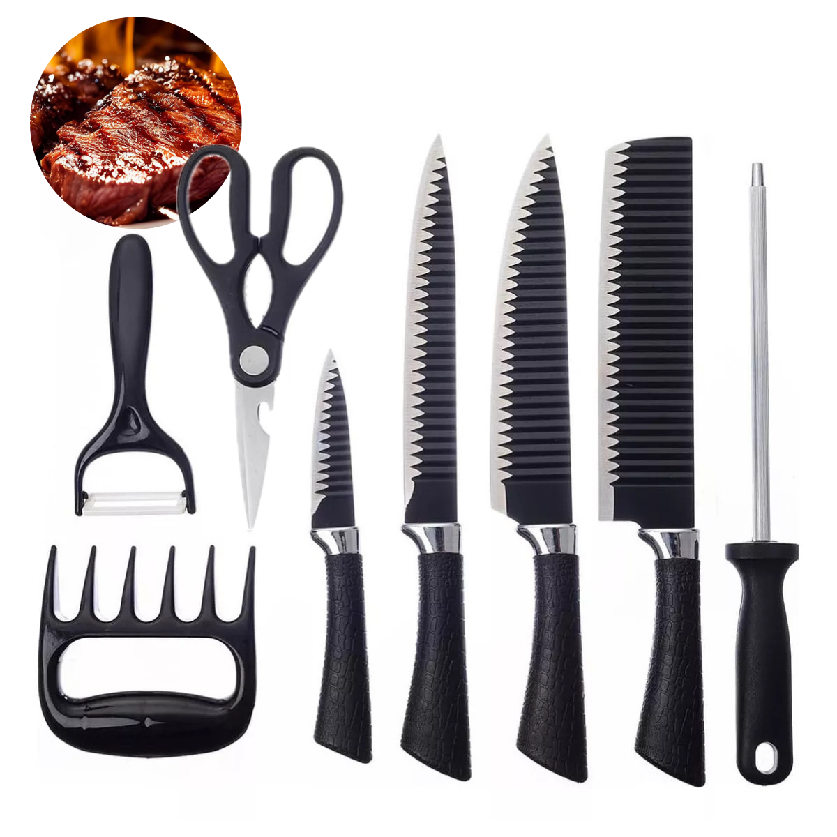 Jogo De Facas Chef Profissional Com 8 Peças Inox Churrasco