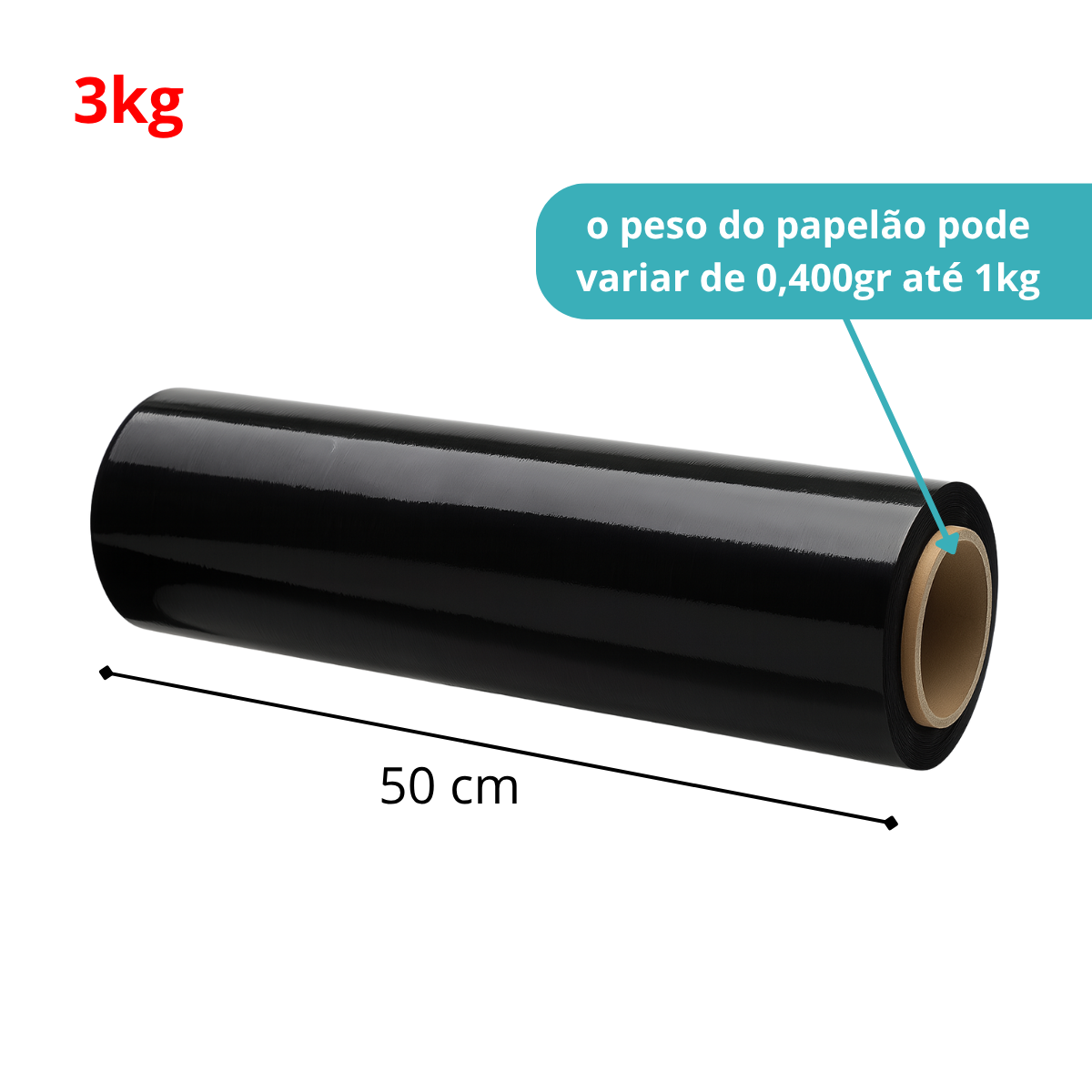 Filme Stretch Preto 3kg Rolo Bobina Plástico Embalagem 50cm X 25 Micras